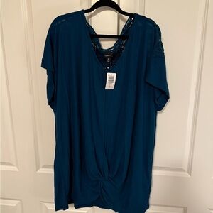 Torrid Deep Teal Blouse with Crocheted Lace Accents